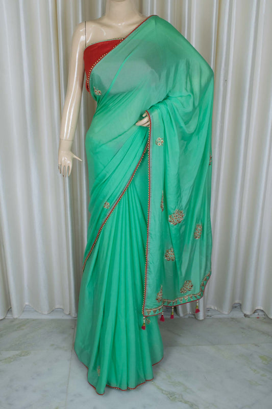 Green Red Designer Crepe Handwork Saree - KANHASAREE