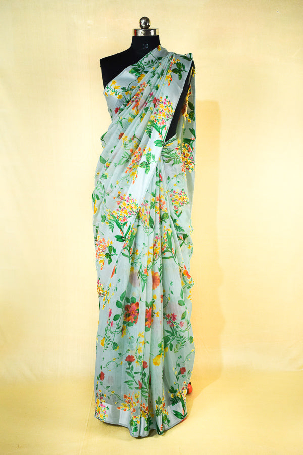 Beautiful Sky Blue Color Linen Printed Saree