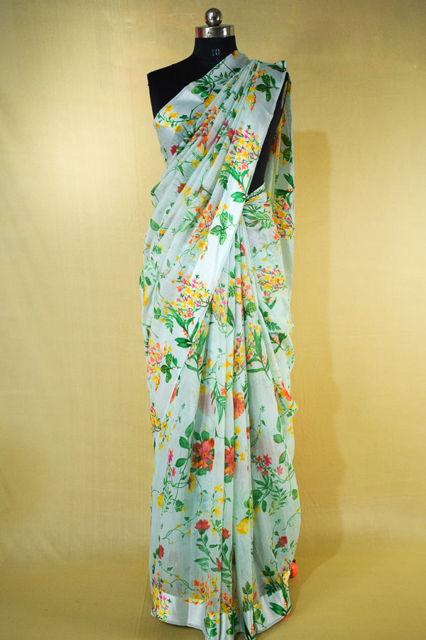 Beautiful Sky Blue Color Linen Printed Saree