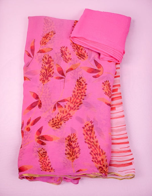 Floral Print Pink Color Chiffon Saree - KANHASAREE