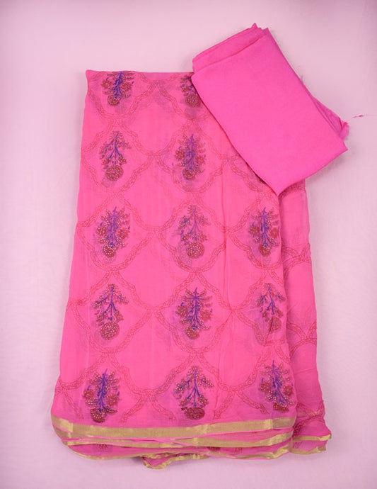 Floral Block Print Pure Chiffon Pink Saree - KANHASAREE