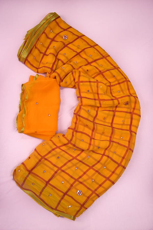 Yellow color Pure Chiffon Leheriya Checks Print Saree - KANHASAREE