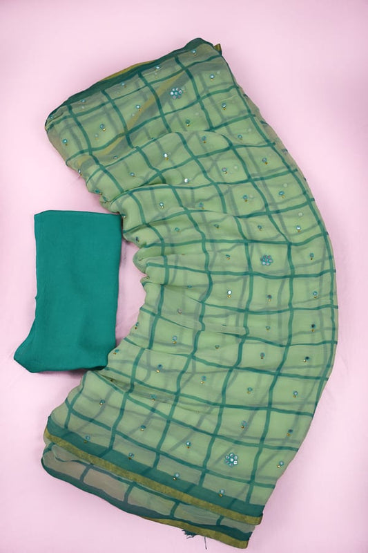 Green color Pure Chiffon Leheriya Checks Print Saree - KANHASAREE