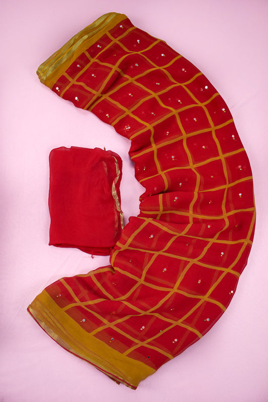 Red color Pure Chiffon Leheriya Checks Print Saree - KANHASAREE