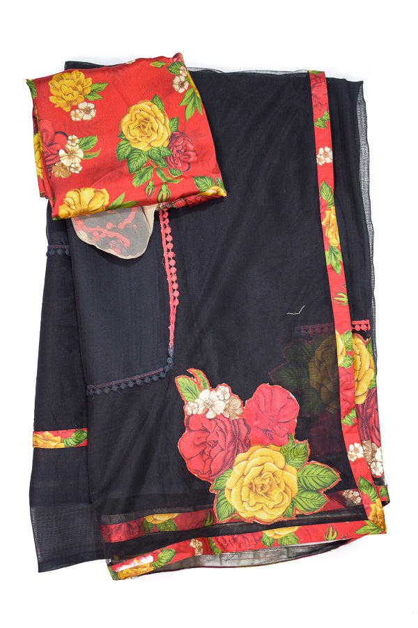 Black Georgette Saree | Black Net Border with Floral Appliqué Work & Satin Printed Blouse