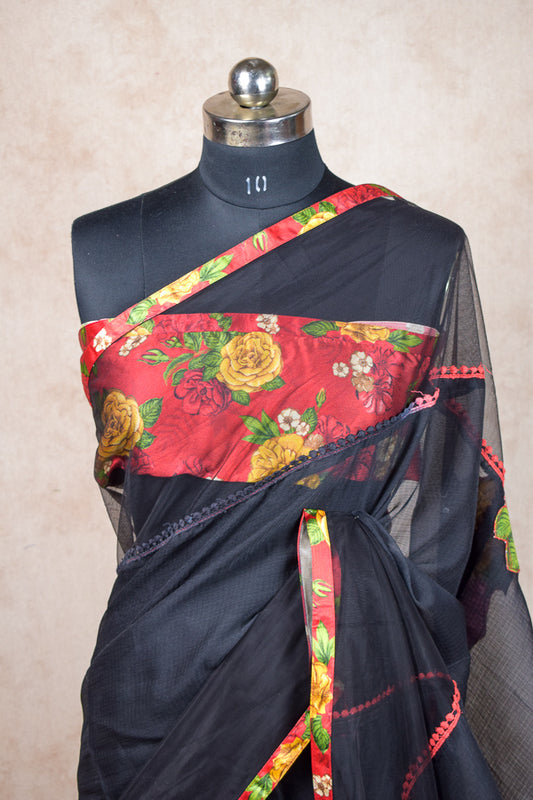 Black Georgette Saree | Black Net Border with Floral Appliqué Work & Satin Printed Blouse - Kanhasarees by ksds