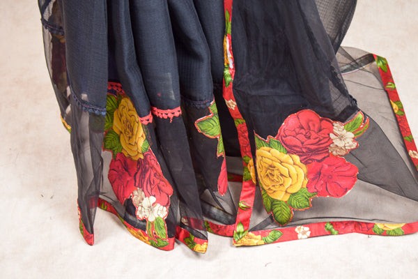 Black Georgette Saree | Black Net Border with Floral Appliqué Work & Satin Printed Blouse