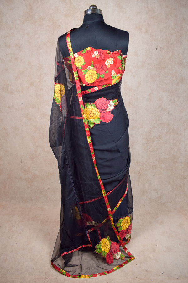 Black Georgette Saree | Black Net Border with Floral Appliqué Work & Satin Printed Blouse