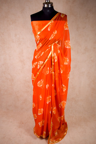 Orange Shibori Bandhani Pure Chiffon Saree with Blouse Piece - KANHASAREE