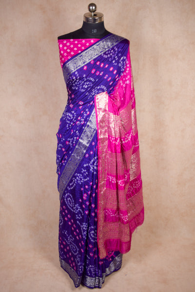 Traditional Blue Pink Bandhani Saree in Art Silk with Zari Border - KANHASAREE