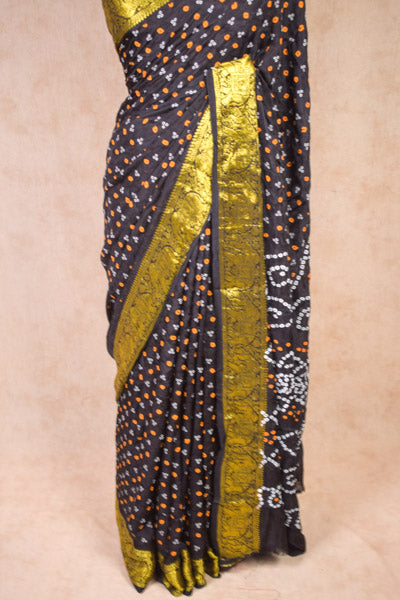Designer Soft Silk Black Bandhani Saree With Zari Border - Kanhasarees by ksds
