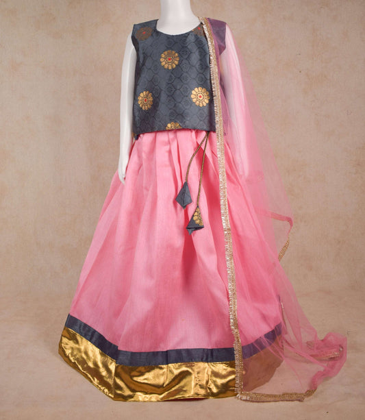 Designer Chanderi Silk Top and Skirt Lehenga Set - KANHASAREE