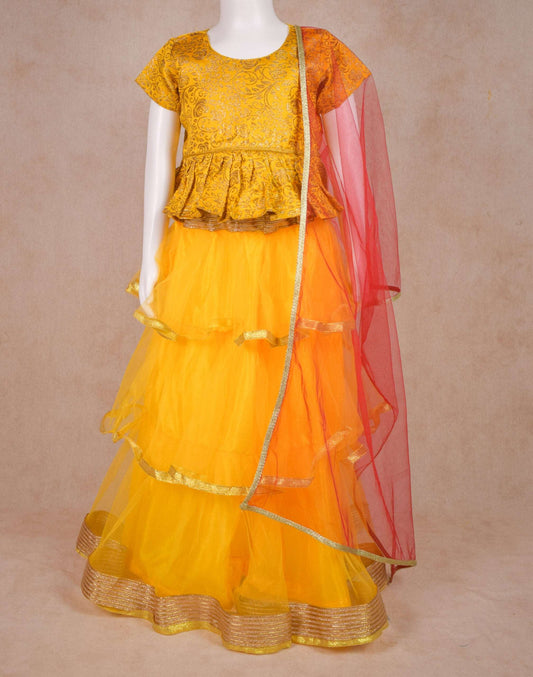 Designer Brocade Banarasi Silk Top and Net skirt Lehenga Set - KANHASAREE