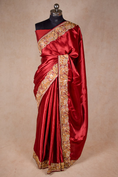 Designer red saree with sequence and thread border - KANHASAREE