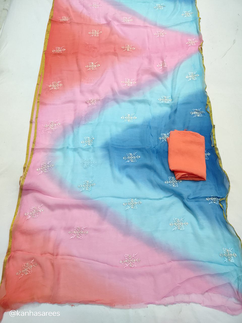 Pure Diamond Chiffon Saree with Thread and Sequin Buties – Multi-Dyed Designer Saree