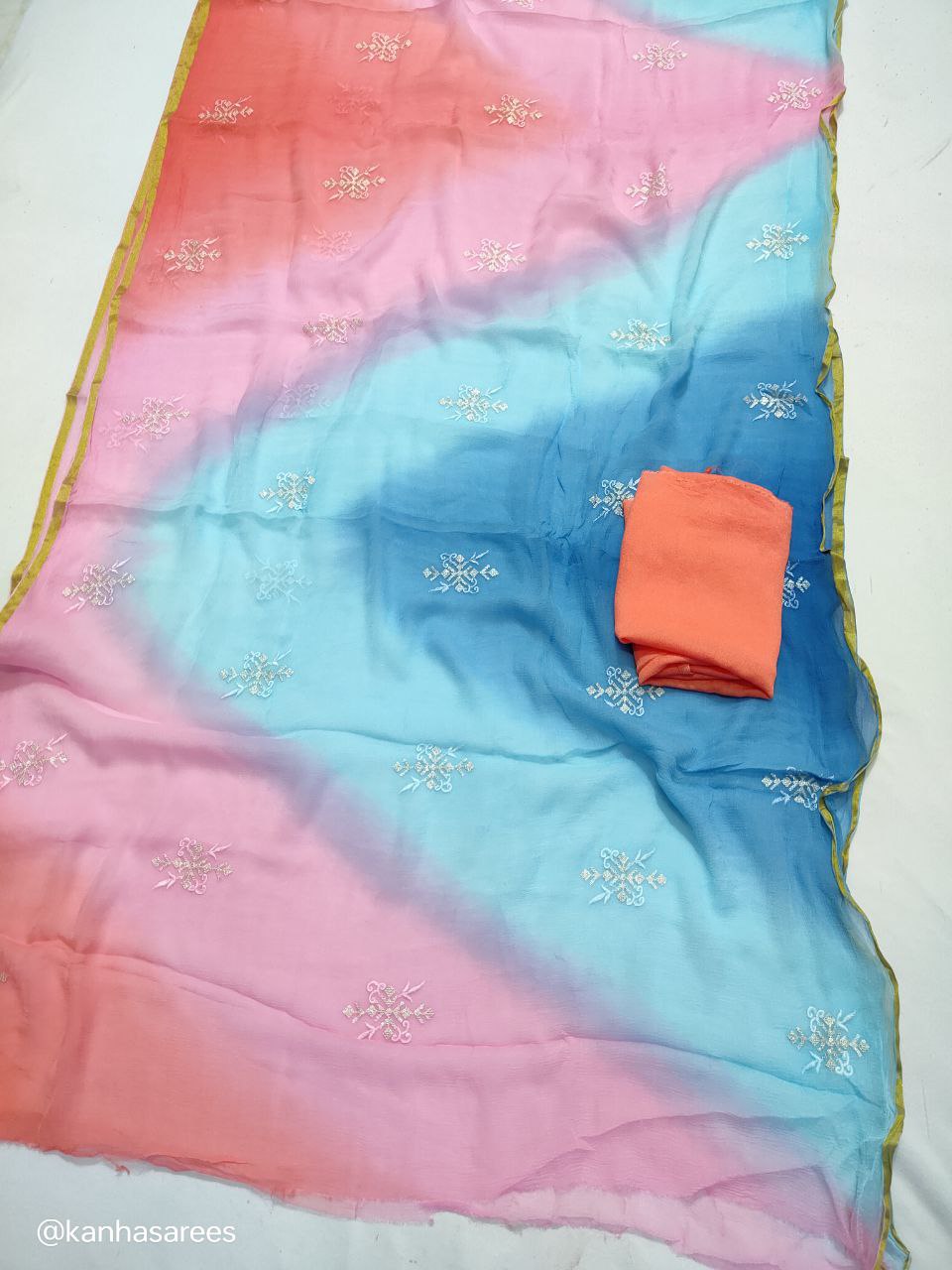 Pure Diamond Chiffon Saree with Thread and Sequin Buties – Multi-Dyed Designer Saree