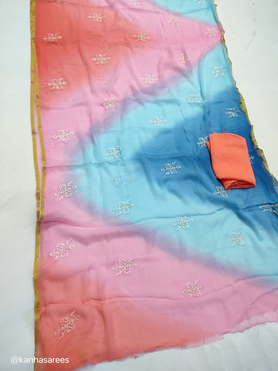 Pure Diamond Chiffon Saree with Thread and Sequin Buties – Multi-Dyed Designer Saree