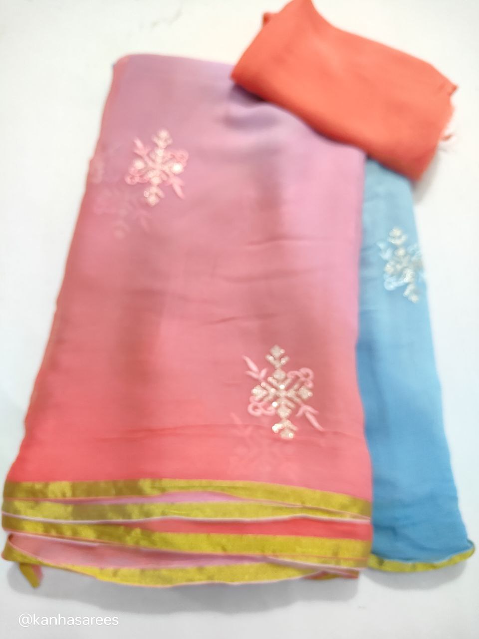 Pure Diamond Chiffon Saree with Thread and Sequin Buties – Multi-Dyed Designer Saree