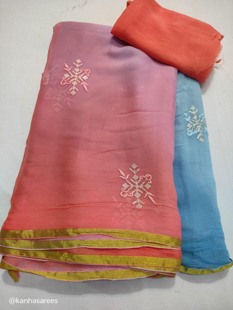 Pure Diamond Chiffon Saree with Thread and Sequin Buties – Multi-Dyed Designer Saree