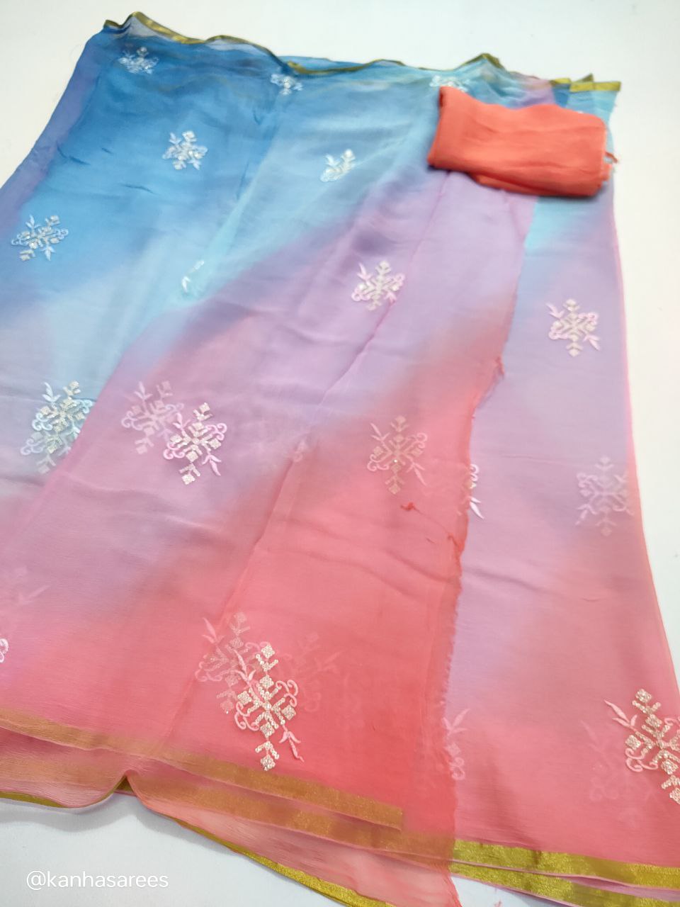 Pure Diamond Chiffon Saree with Thread and Sequin Buties – Multi-Dyed Designer Saree