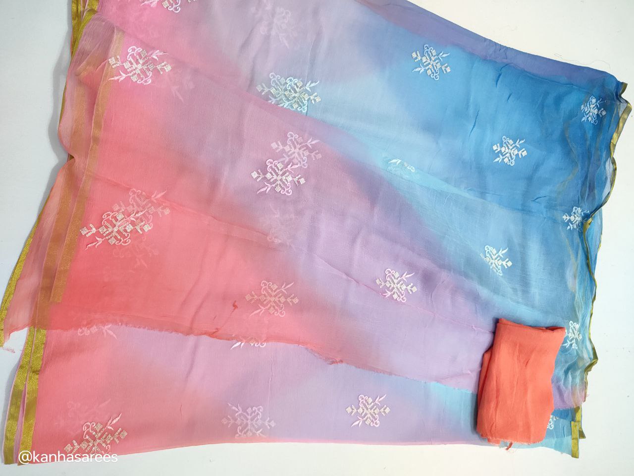 Pure Diamond Chiffon Saree with Thread and Sequin Buties – Multi-Dyed Designer Saree