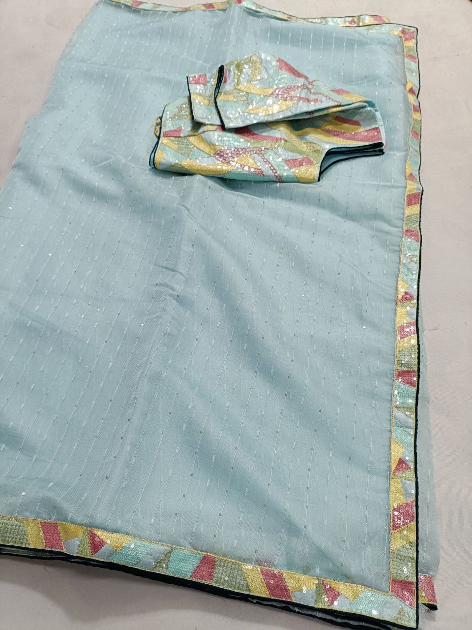 Fancy Linen Designer Saree with Multicolor Sequin Work Border and Stitched Blouse – Partywear