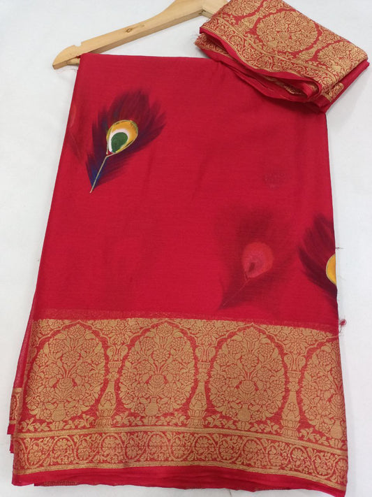 Chinnon Crepe Red Hand-Painted Saree with Banarasi Border & Pallu, Matching Blouse - Kanhasarees by ksds