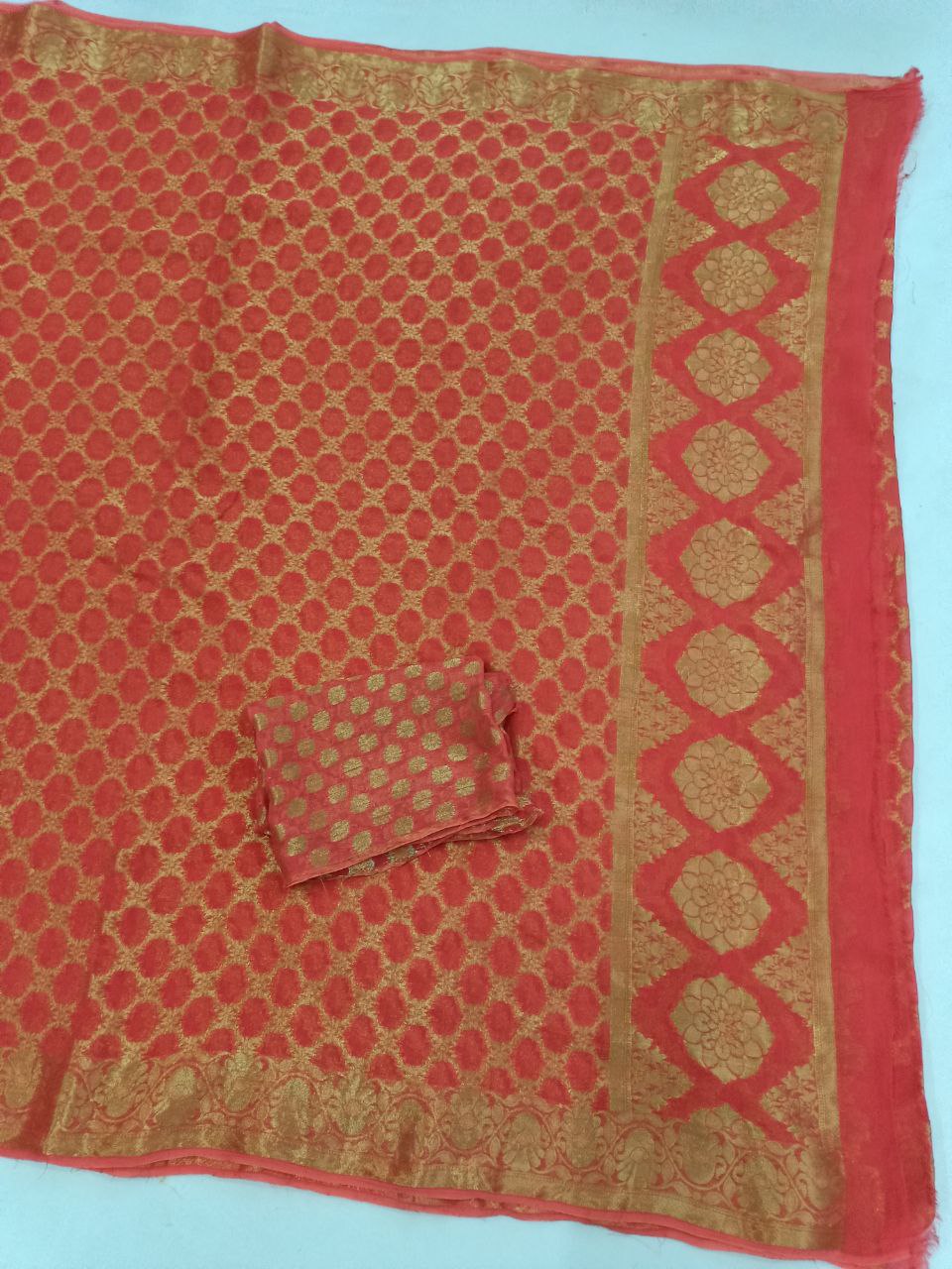 Pure Georgette Full Jaal Zari Weaving Saree with Heavy Pallu, Matching Blouse in Zari Weaving