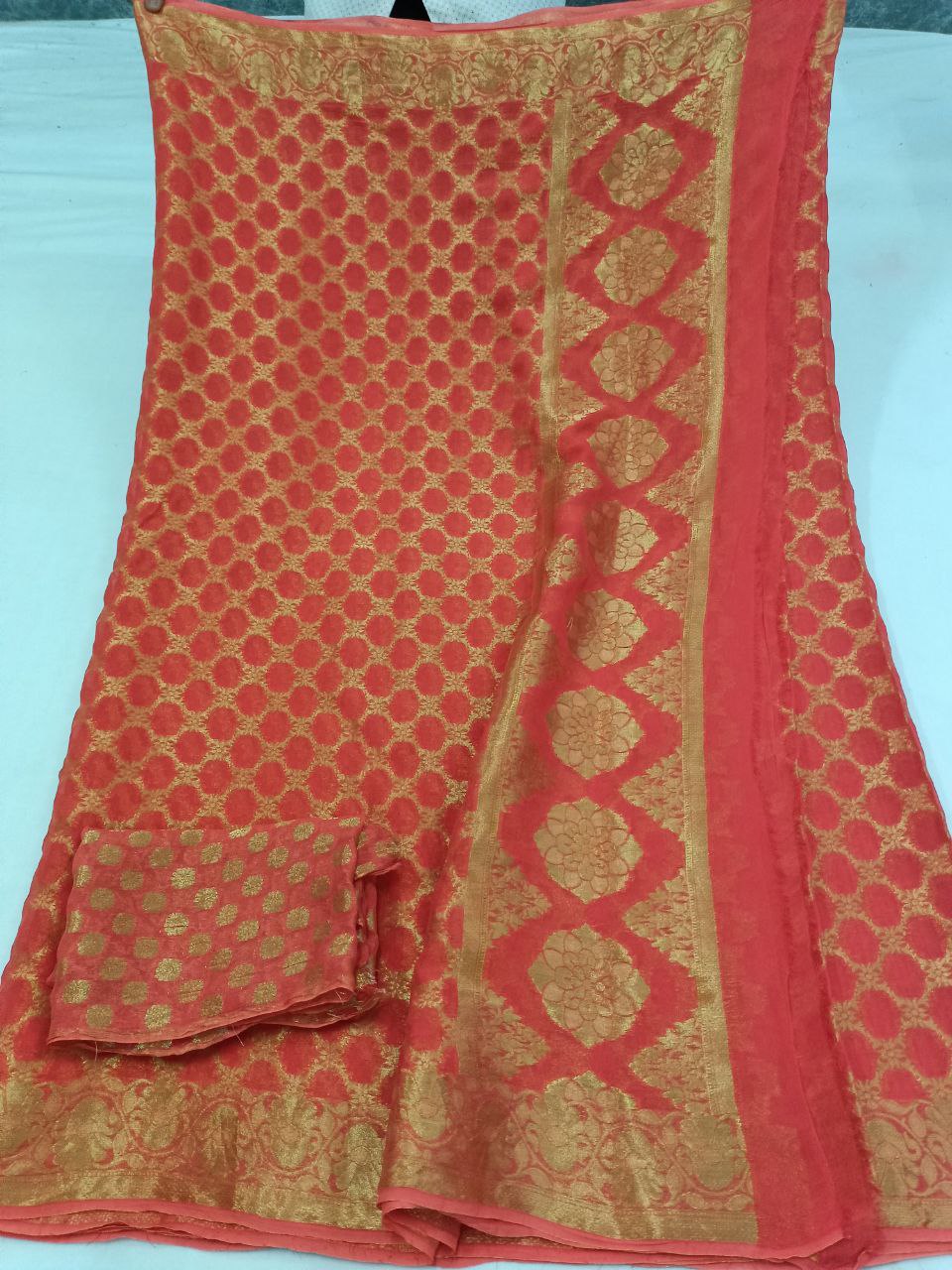 Pure Georgette Full Jaal Zari Weaving Saree with Heavy Pallu, Matching Blouse in Zari Weaving