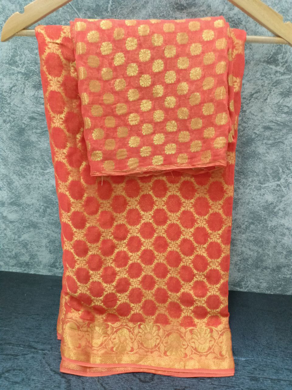 Pure Georgette Full Jaal Zari Weaving Saree with Heavy Pallu, Matching Blouse in Zari Weaving