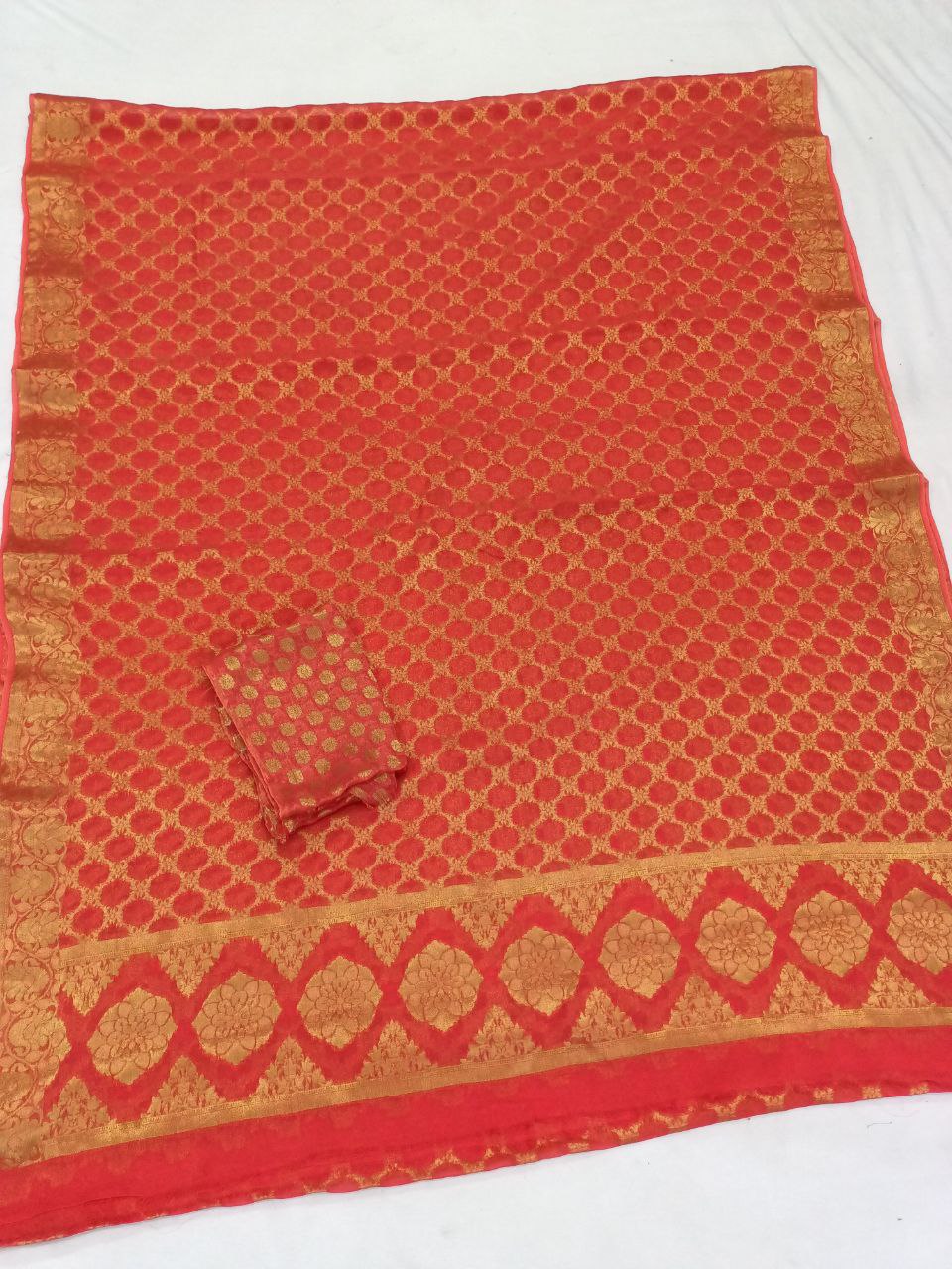 Pure Georgette Full Jaal Zari Weaving Saree with Heavy Pallu, Matching Blouse in Zari Weaving