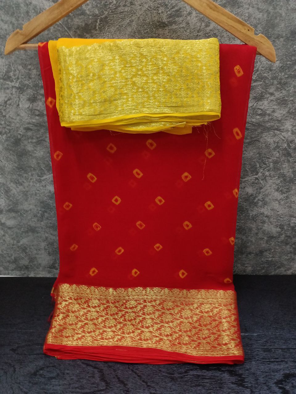 Pure Georgette Red and Yellow Bandhani Saree with Banarasi Weaving Border, Contrast Yellow Blouse