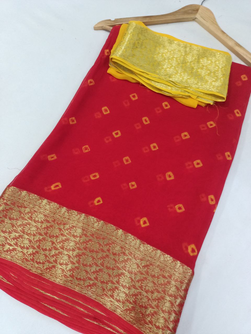 Pure Georgette Red and Yellow Bandhani Saree with Banarasi Weaving Border, Contrast Yellow Blouse