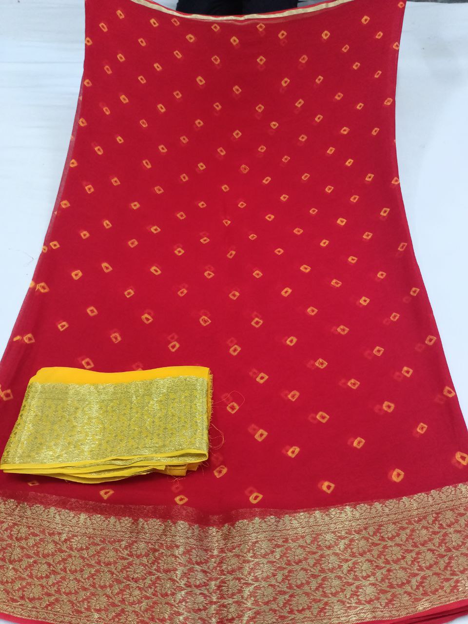 Pure Georgette Red and Yellow Bandhani Saree with Banarasi Weaving Border, Contrast Yellow Blouse