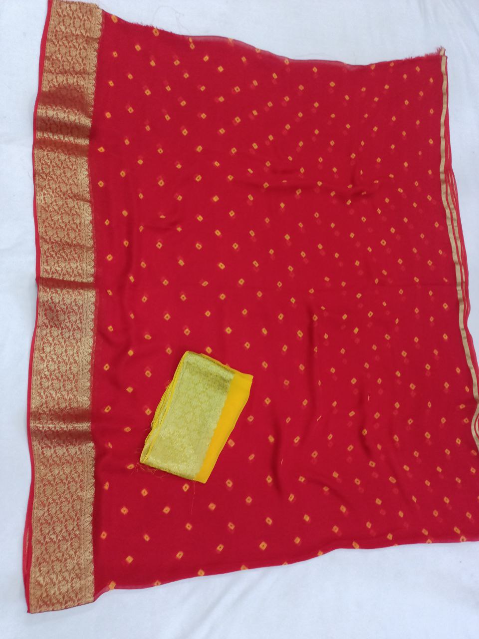 Pure Georgette Red and Yellow Bandhani Saree with Banarasi Weaving Border, Contrast Yellow Blouse