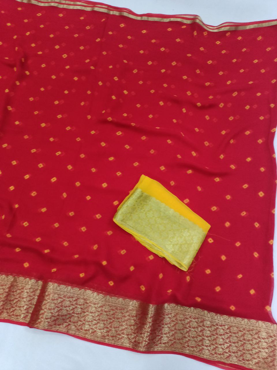 Pure Georgette Red and Yellow Bandhani Saree with Banarasi Weaving Border, Contrast Yellow Blouse