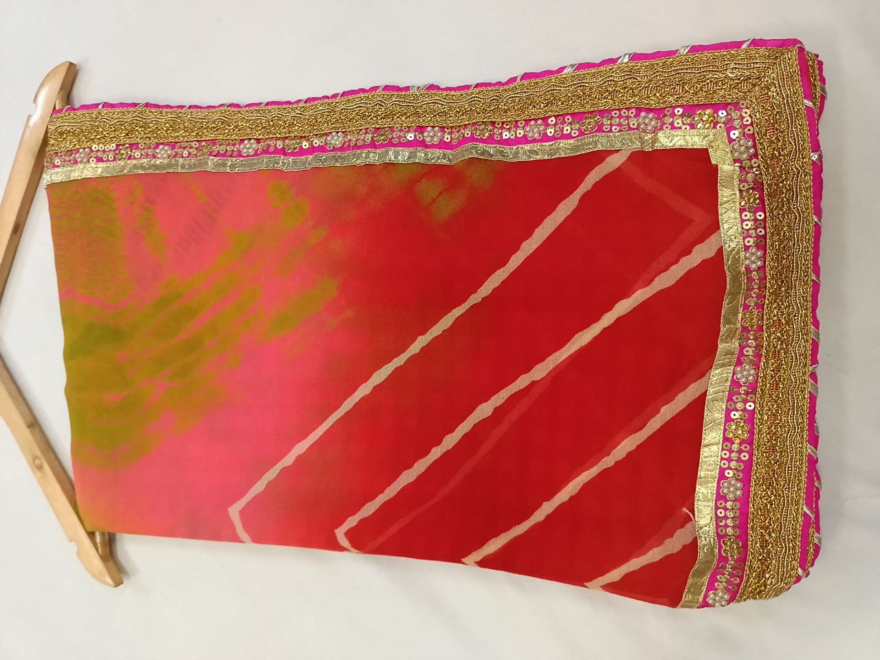 Marble Georgette Shibori Dyed Saree with Gota Work Border, Rani Color Dhupion Silk Blouse