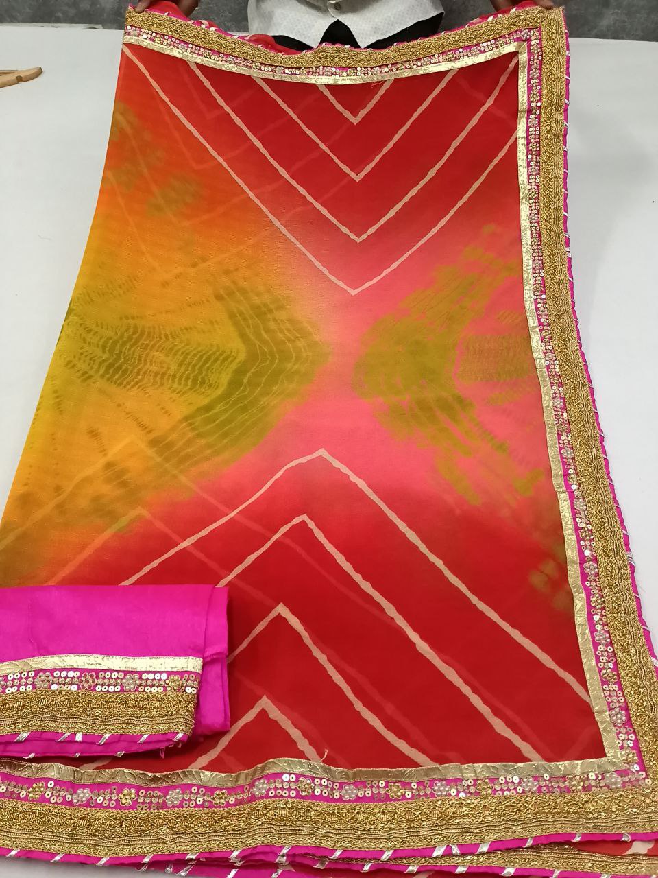 Marble Georgette Shibori Dyed Saree with Gota Work Border, Rani Color Dhupion Silk Blouse