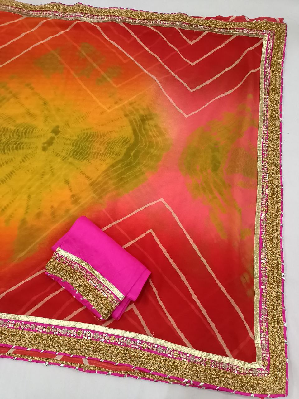 Marble Georgette Shibori Dyed Saree with Gota Work Border, Rani Color Dhupion Silk Blouse