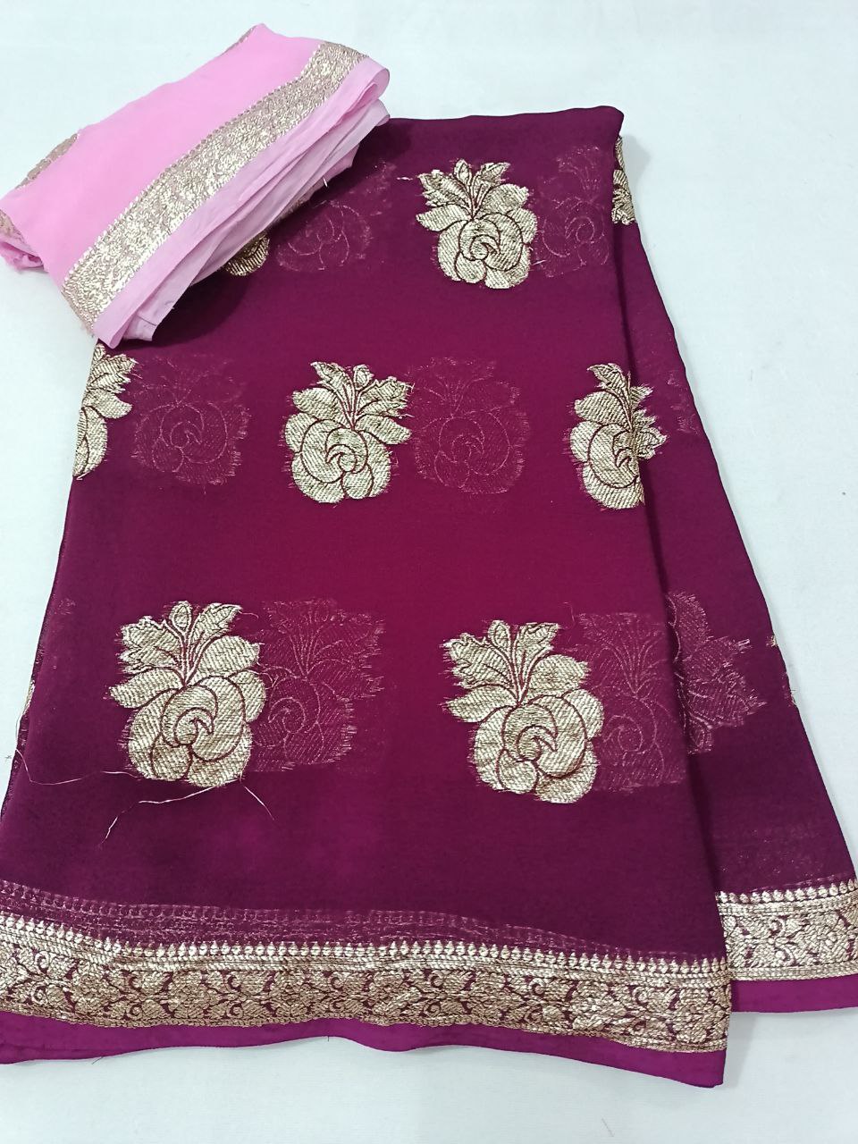 Lightweight Pure Georgette Saree with Rose Pattern Zari Weaving and Contrast Blouse