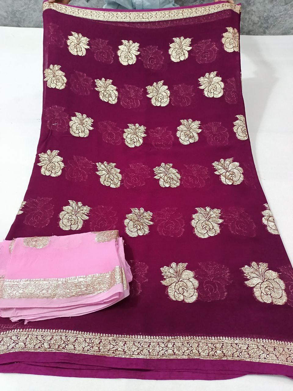 Lightweight Pure Georgette Saree with Rose Pattern Zari Weaving and Contrast Blouse