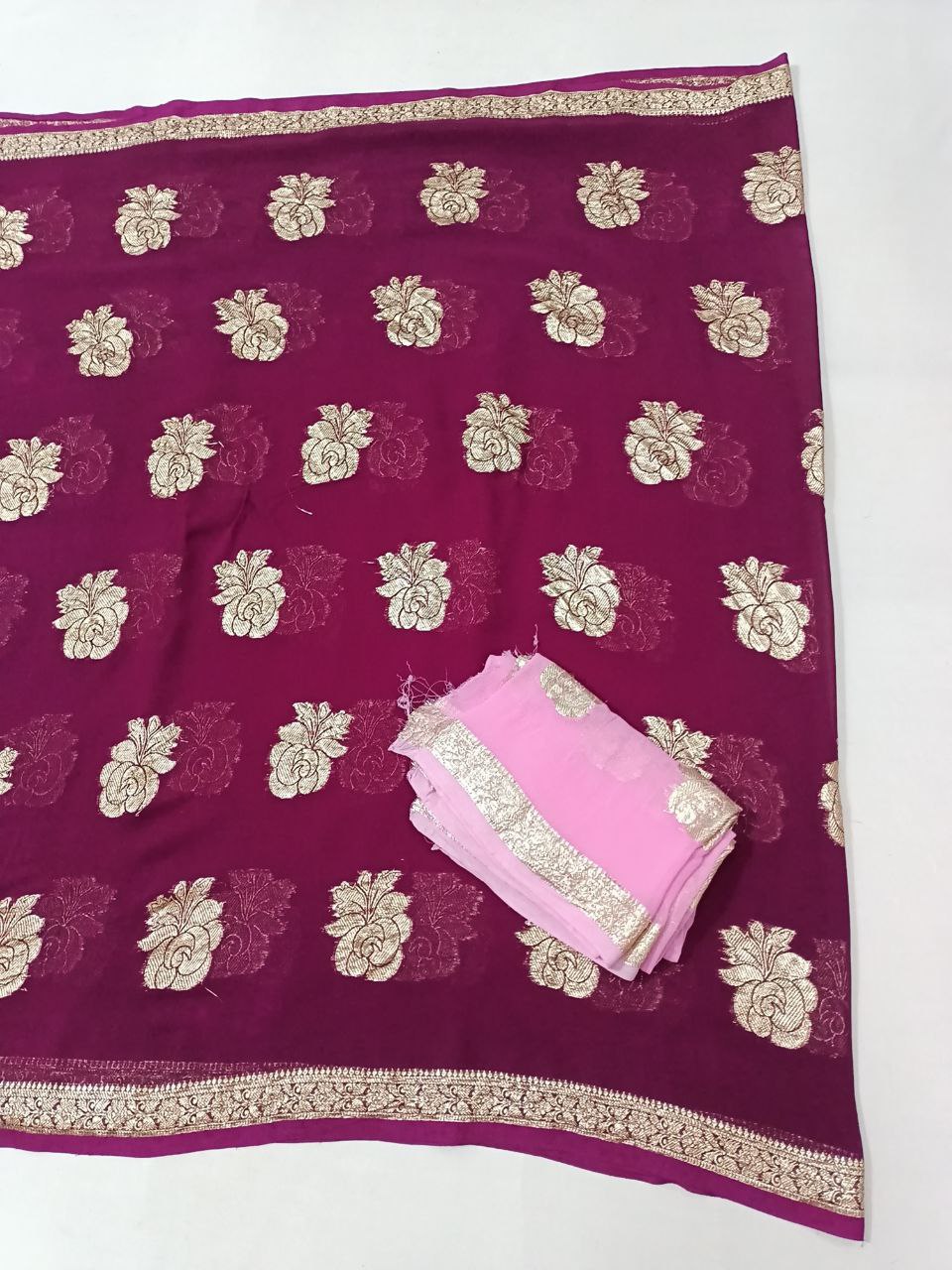 Lightweight Pure Georgette Saree with Rose Pattern Zari Weaving and Contrast Blouse