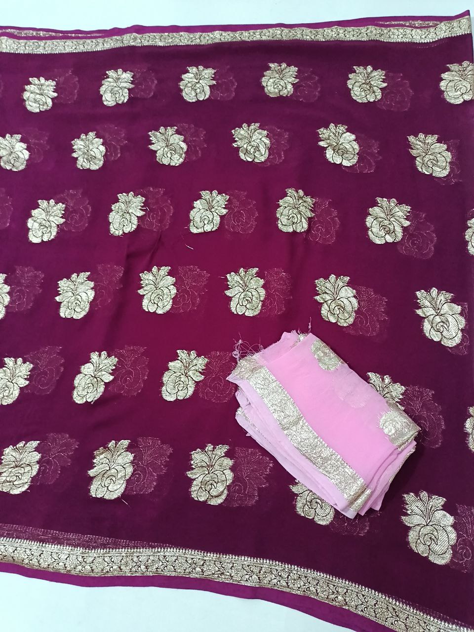 Lightweight Pure Georgette Saree with Rose Pattern Zari Weaving and Contrast Blouse