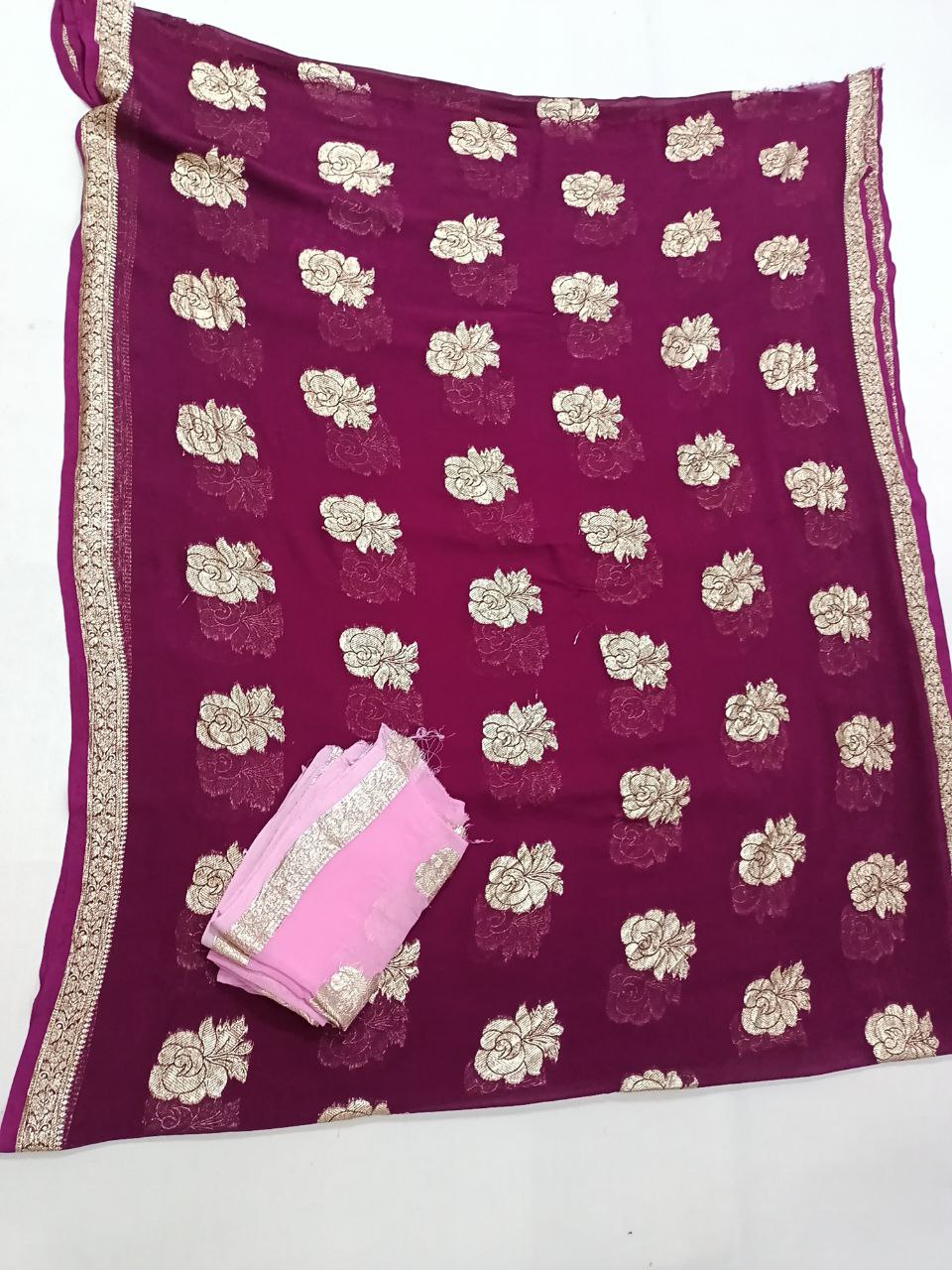 Lightweight Pure Georgette Saree with Rose Pattern Zari Weaving and Contrast Blouse