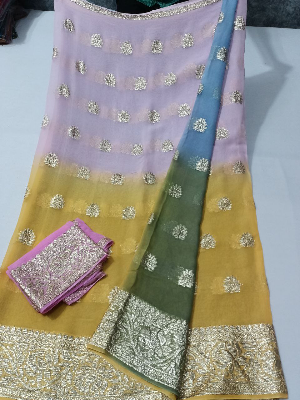 Pure Georgette Multi-Dyed Saree with Zari Weaving Border and Buta Design
