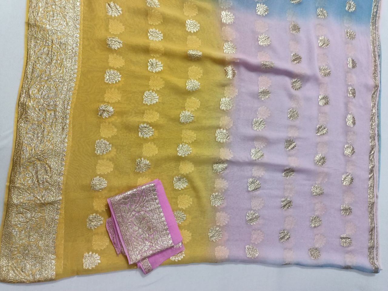Pure Georgette Multi-Dyed Saree with Zari Weaving Border and Buta Design
