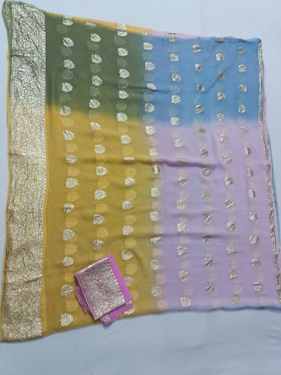 Pure Georgette Multi-Dyed Saree with Zari Weaving Border and Buta Design