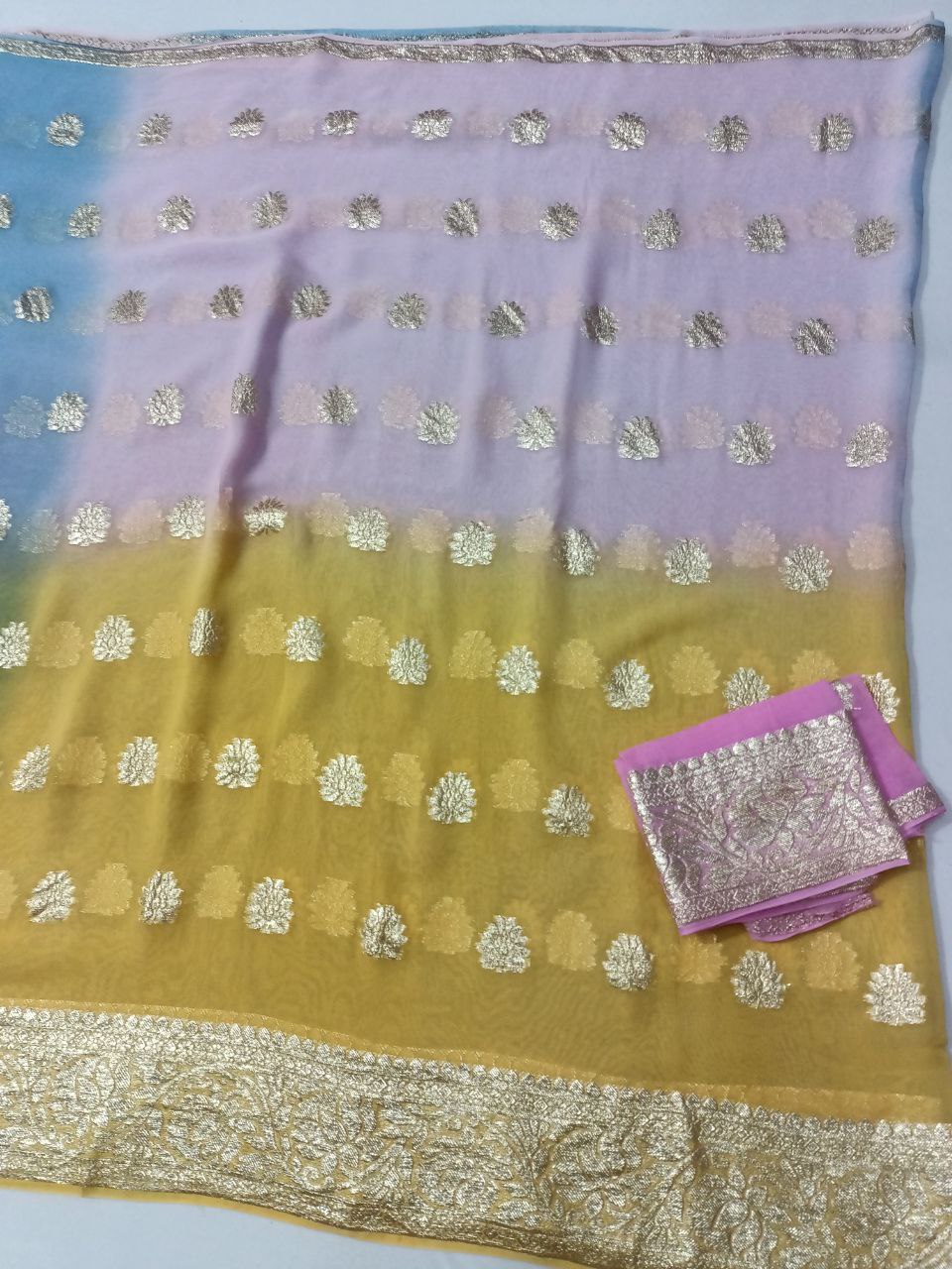 Pure Georgette Multi-Dyed Saree with Zari Weaving Border and Buta Design