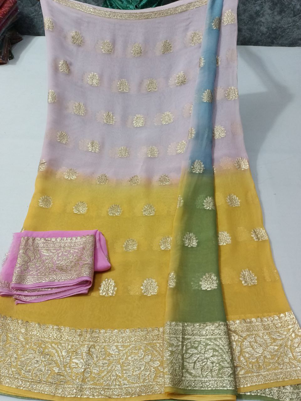 Pure Georgette Multi-Dyed Saree with Zari Weaving Border and Buta Design