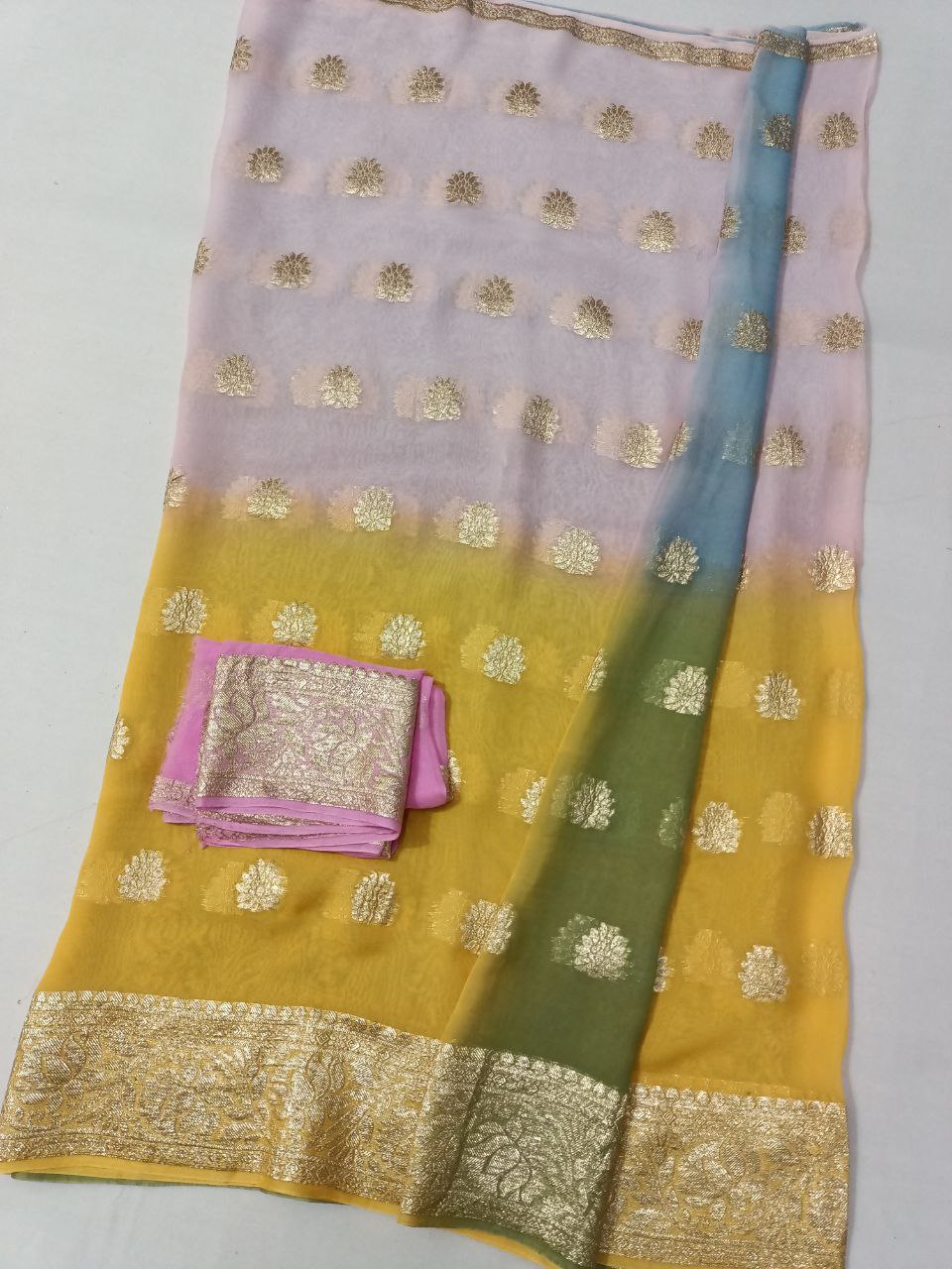 Pure Georgette Multi-Dyed Saree with Zari Weaving Border and Buta Design